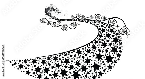 Whimsical celestial path with moon and stars, creating a sense of wonder and imagination.