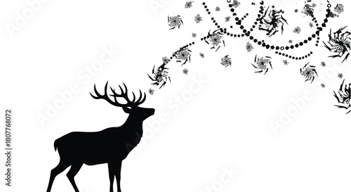 Majestic stag silhouette exhales a magical swirl of snowflakes and festive garland