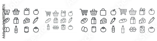 Grocery icon set featuring shopping cart, food items, and beverages