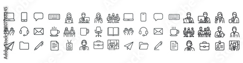 Office and communication icons: laptops, people, coffee, office supplies, communication