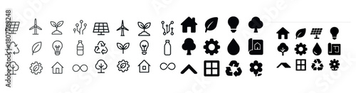 Sustainable energy and recycling icons collection in black and white