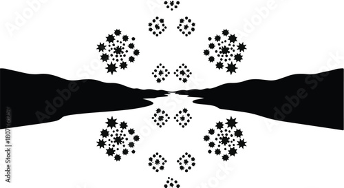 Abstract symmetrical pattern with starry elements on a white background, evoking a sense of wonder and infinity.