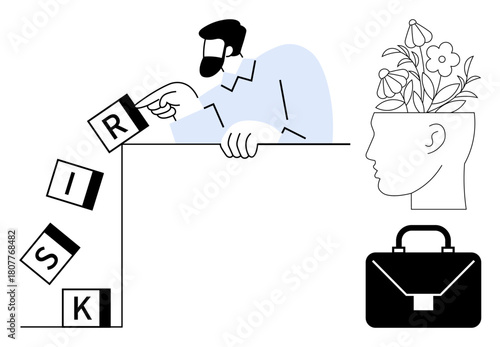 Man arranging blocks spelling risk, emphasizing strategic management. Brain with blooming flowers symbolizes growth, creativity. Briefcase suggests business focus. Ideal for strategies