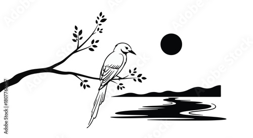 Serene bird perched on a branch under a dark moonlit sky with tranquil water reflection