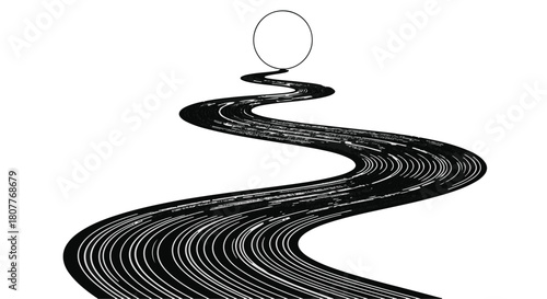 Winding path leading towards a bright, hopeful circle on the horizon.