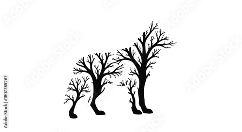Creative silhouette of a dog formed from bare tree branches against a white background