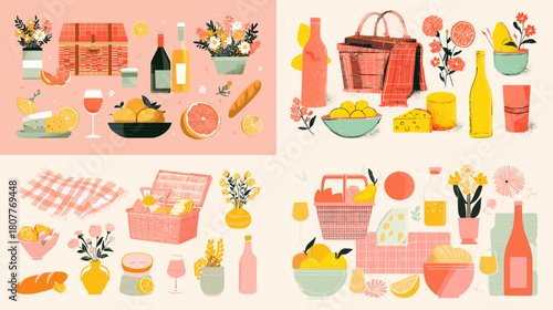 A charming picnic themed illustration featuring baskets, fruits, wine, bread, flowers, drinks, blankets, and outdoor meal elements in warm pastel colors.