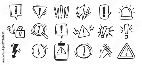 Warnings related hand drawn doodle simple icons set. Vector line drawing warnings related icons.