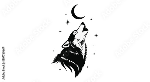 Mystical wolf howls at crescent moon under starry night sky, evoking wildness and wonder.