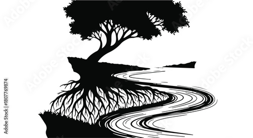 Silhouette of a tree with exposed roots, flowing into a winding river against a white background