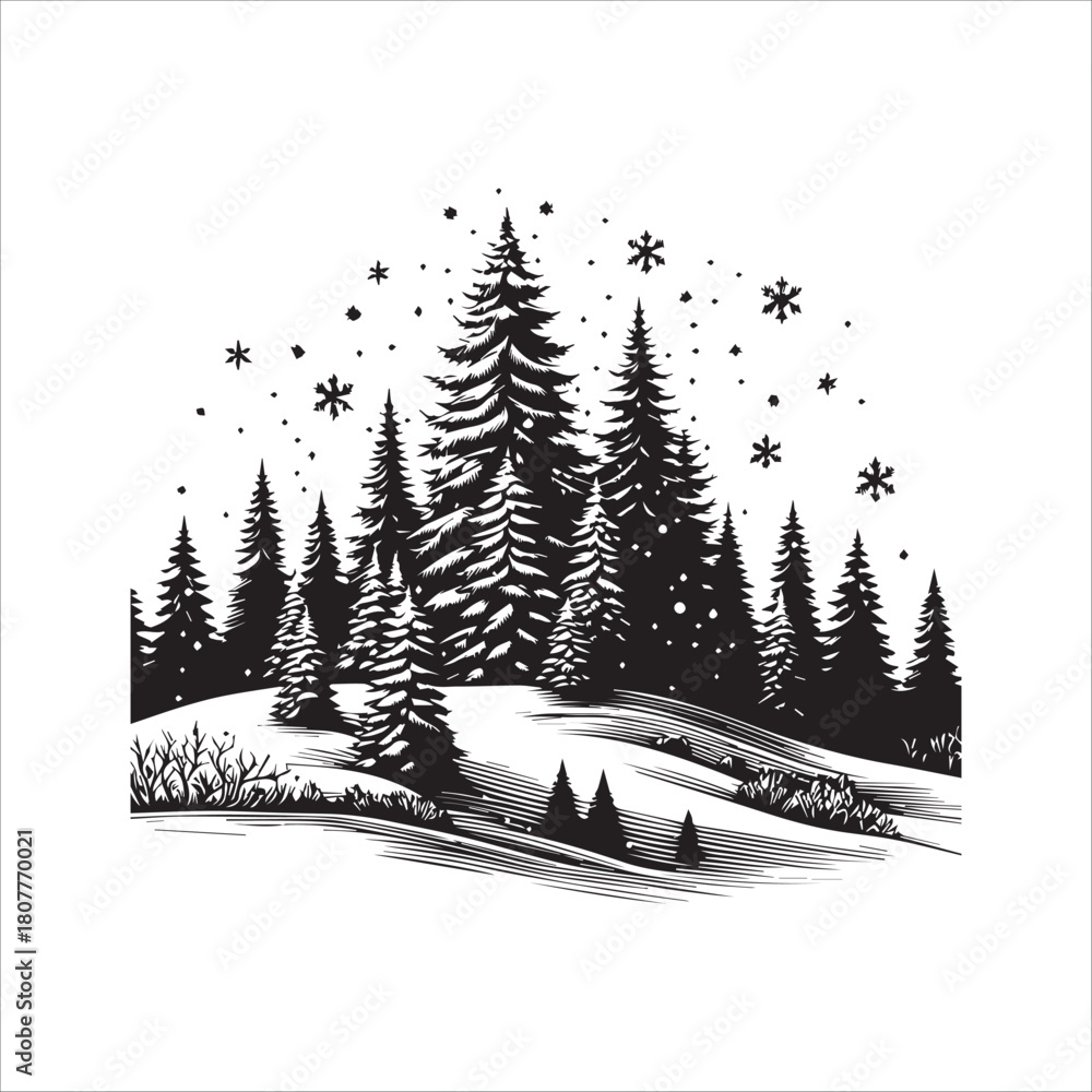 Obraz premium Black and White Snow-Covered Forest Vector Illustration