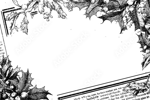 Old paper background with vintage newsprint texture and illustrated holly foliage. Vector elegant frame. Retro botanical collage blends text fragments, monochrome print, leaves for festive classic des