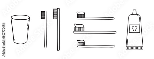 Toothpaste, toothbrush, dental cleaning equipment doodle hand drawn icon. Outline drawing toothpaste, toothbrush, line clipart symbol