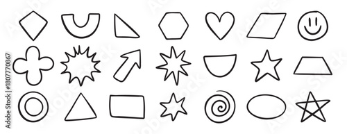 Basic geometric shapes doodle hand drawn icon set. Outline drawing for learning games math flat figure line clipart symbol 