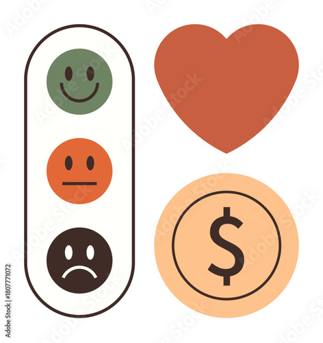 Feedback scale with happy, neutral, and sad emoticons. Includes love icon and dollar coin. Ideal for user experience, satisfaction, finance, well-being, relationships reviews decision-making tools