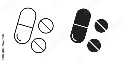 Medicine pills icons set. Simple line vector illustration