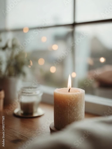 Warm candlelight glows on a cozy table with blurred city lights in the background on a calm evening