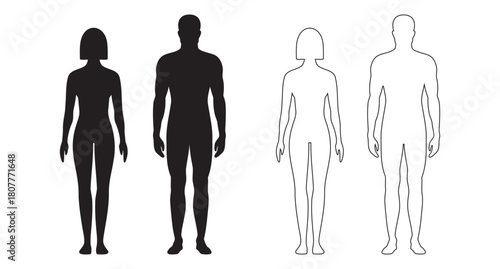 human body man and woman silhouette, male and female figure. vector monochrome isolated person outline standing full height. Outline and black people anatomy representation