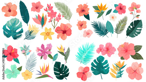 A vibrant collection of tropical flowers and leaves featuring hibiscus plumeria bird of paradise and lush botanical foliage perfect for summer themes nature decor and creative floral artwork.