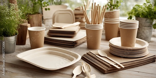 Eco friendly disposable tableware cups plates straws sustainable party supplies picnic compostable set up