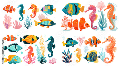 A lively illustration set of tropical fish seahorses coral and underwater plants in bright ocean colors perfect for marine themes children designs and playful aquatic artwork.