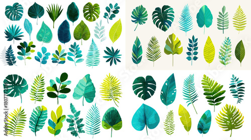A refreshing watercolor collection of tropical leaves in shades of green and blue featuring monstera palm fern and botanical foliage perfect for nature designs summer themes and decorative art.