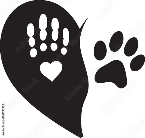 Pet Love Yin Yang Heart Graphic with Human Handprint and Animal Paw Print Black and White Vector