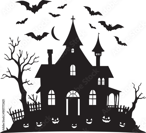 Spooky Haunted House Silhouette with Flying Bats Moon Dead Trees and Jack O Lanterns Vector Graphic