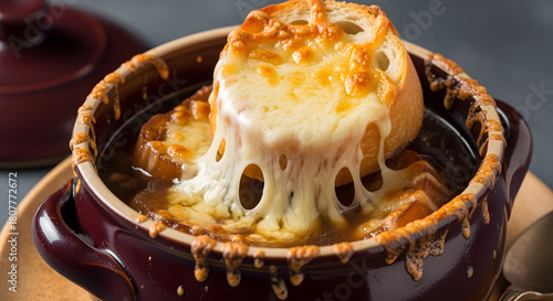 Indulge in rich french onion soup with melted cheese and crusty bread, a classic delight
