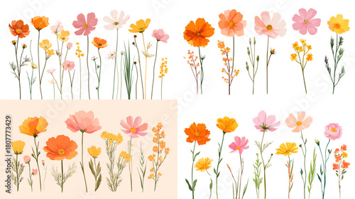 A delicate watercolor set of wildflowers in soft pastel tones featuring blossoms stems and gentle botanical elements perfect for invitations decor and floral themed designs.