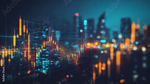 Fototapeta Naklejka Na Ścianę i Meble -  Dynamic financial chart overlaying stunning cityscape at night, symbolizing growth and opportunity in the modern business world with vibrant colors