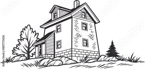 Vintage Countryside House Illustration – Hand Drawn Vector Artwork of Rustic Home with Trees and Rocks Depicting Rural Architecture, Nature, and Landscape Design