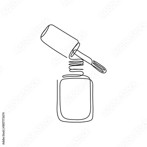 Minimalist line art nail polish bottle with brush. Vector illustration for beauty, cosmetics, fashion, wellness, manicure, self-care concepts.