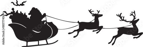 Christmas Santa Claus Riding Sleigh Pulled by Flying Reindeer Silhouette Vector Illustration Graphic Art