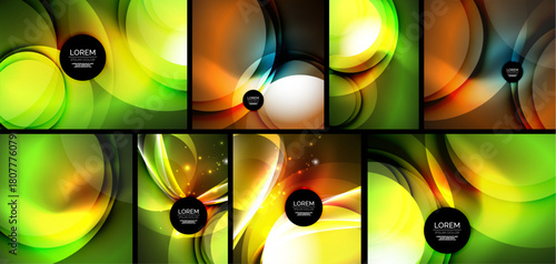 Abstract backgrounds, vibrant colors, flowing shapes. Designs feature curves, gradients, text placeholders. Modern, dynamic visual elements.