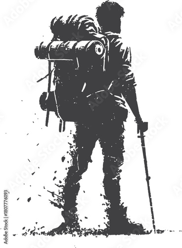 A bold black-and-white silhouette of a lone backpacker equipped with a rolled mat and trekking poles, ready for outdoor adventure. Ideal for travel, hiking