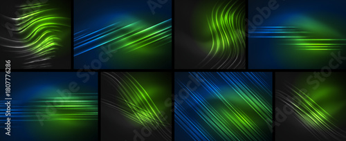 Abstract backgrounds feature vibrant lines, curves. Neon green, blue hues dominate dark surfaces creating dynamic visuals. Smooth gradients present modern aesthetic.
