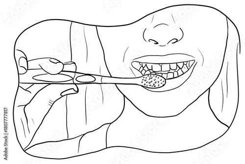 Part of a female face with an open, smiling mouth showing her brushing her teeth