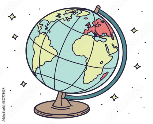 Colorful globe illustration on stand with starry background  