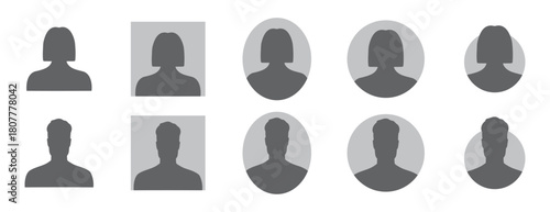 woman and man silhouette avatars or profile gray icon. male and female portraits, anonymous people icons different styles, oval, square, circle shape