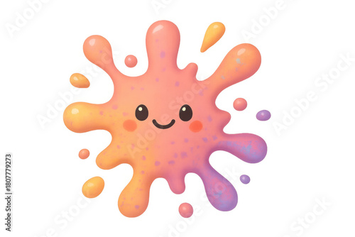 Cute slimy paint splat cartoon character splashing with happy face and vibrant colorful gradient, transparent background