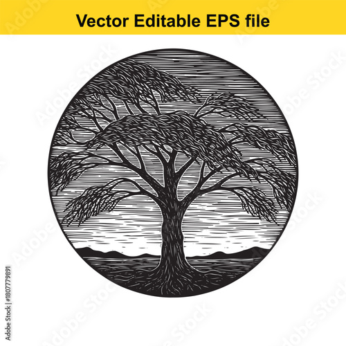 Illustration of a tree in a circle, with a landscape in the background the tree is silhouetted against the sky, and the landscape is dark and moody