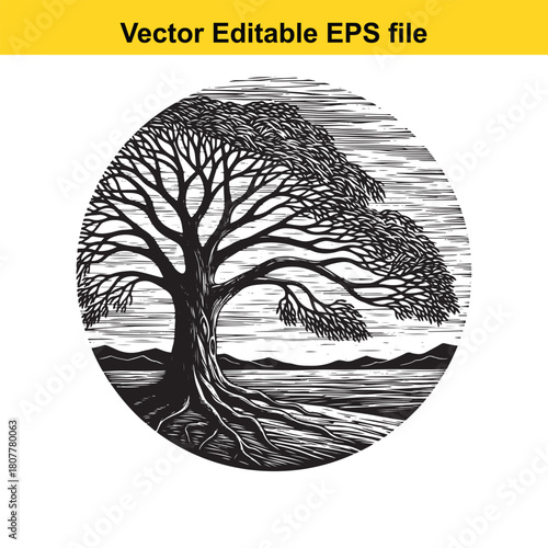 Illustration of a tree in a circle, with a landscape in the background the tree is silhouetted against the sky, and the landscape is dark and moody