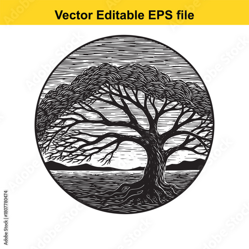 A striking black and white vector illustration of a resilient tree, its branches spread wide against a backdrop of mountains and a tranquil sky