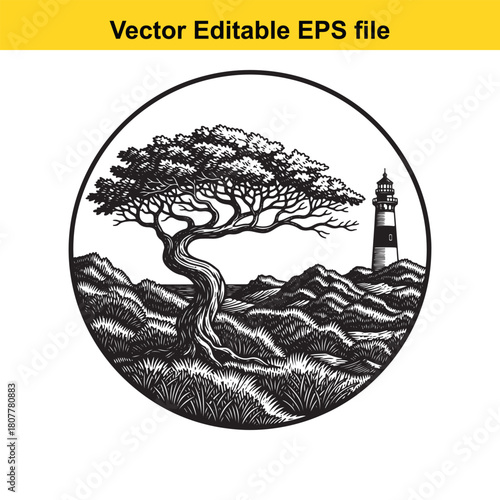 A captivating black and white vector illustration of a windswept tree near a lighthouse, set against a backdrop of rocks and a serene sky