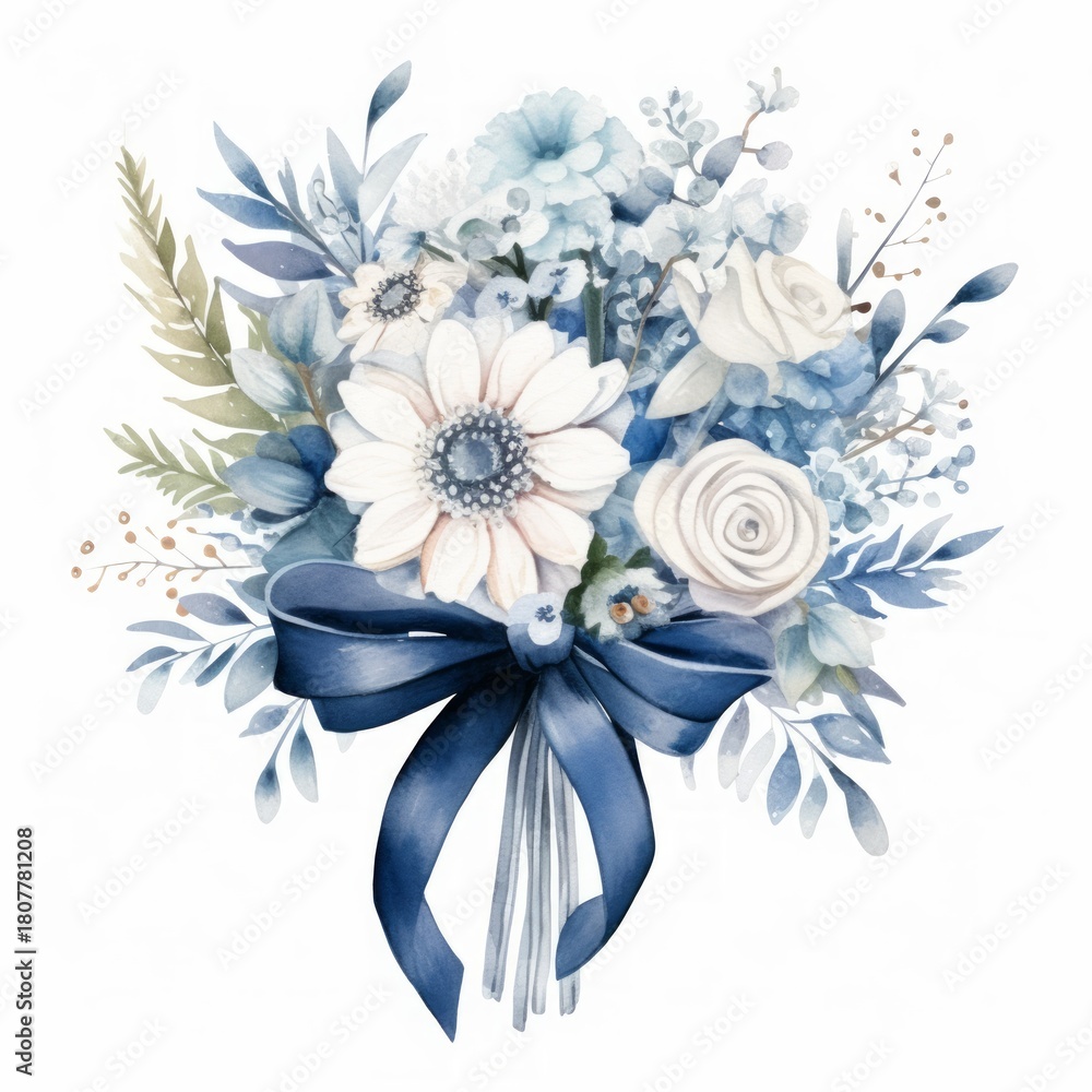Fototapeta premium A delicate floral arrangement featuring blue and white flowers, accented with greenery and tied with a blue ribbon.