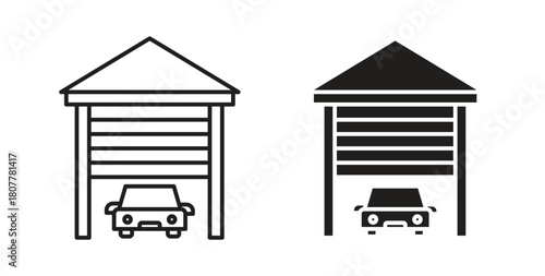 Garage car icon with line and silhouette versions.