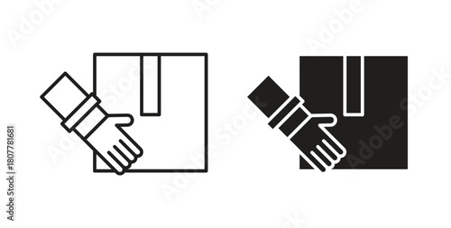 Hand holding box icon with line and silhouette versions.