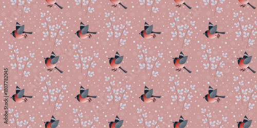 A winter seamless pattern with flying bullfinches