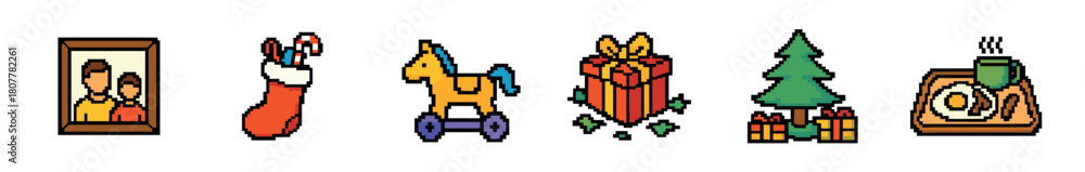 Obraz premium A collection of colorful pixel art icons featuring a family portrait, Christmas stocking, toy horse, gift box, festive tree, and a cozy breakfast tray